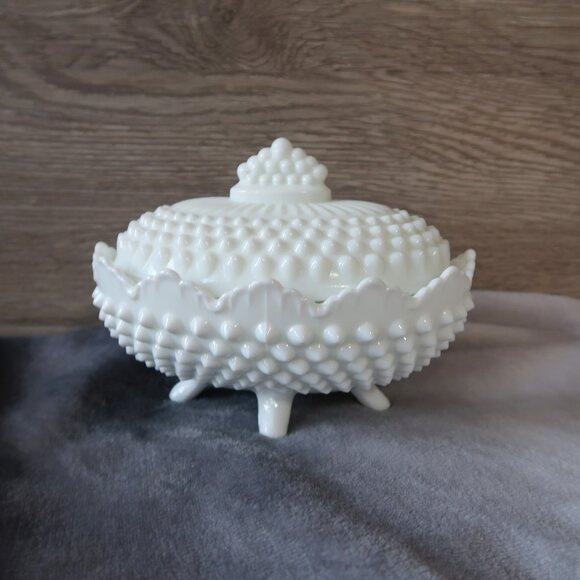 Vintage Fenton Marked Milk Glass Hobnail Textured Oval Lidded Candy Bowl - Picture 6 of 16